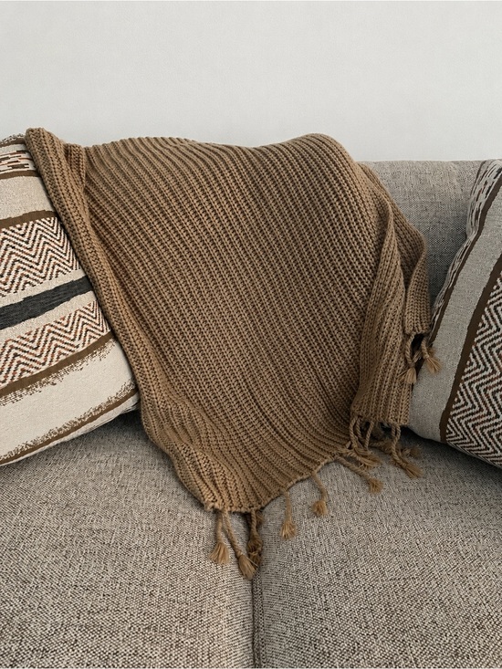 Pottery Barn Other - Pottery Barn Tan Crochet Knit Throw Blanket With Tassel Fringe